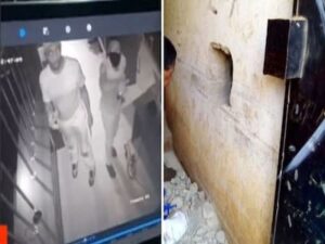 cctv displays two suspects inside a shop after breaking in and a whole drilled through a wall. Photo Courtesy